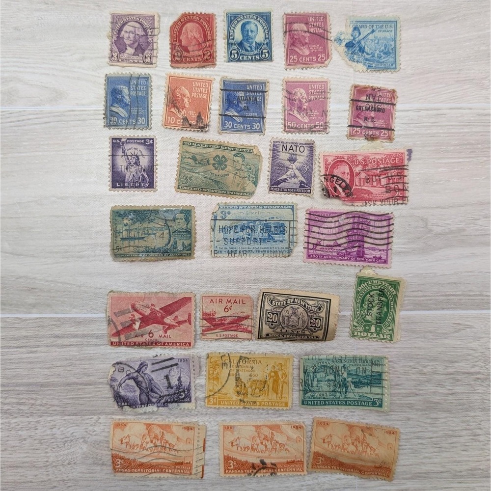 Vintage U.S. Stamp Lot – 27 Mixed Used & Unused – Airmail, Liberty, Presidents